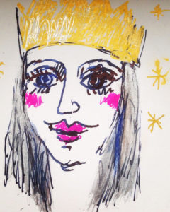 Amy as the Queen, pen and ink illustration by Jane Percival